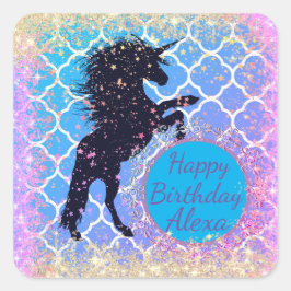 Glittery Starry Whimsical Unicorn Fyrkantigt Klistermärke
