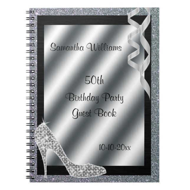Glittery stilett för silver & 50th födelsedag för anteckningsbok (Framsidan)