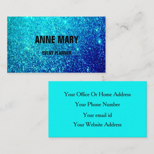 Glittery Teal Blue Colorful Bröllop Event Planner Visitkort (Fram/baksida)