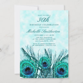 Glittery Teal Blue Peacock Feathers 30:e Inbjudningar
