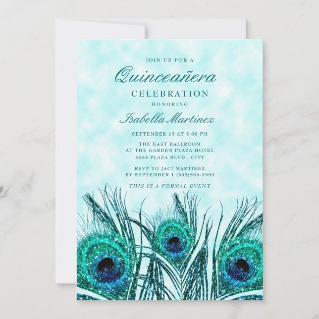 Glittery Teal Blue Peacock Feathers Quinceañera Inbjudningar (Framsida)