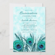 Glittery Teal Blue Peacock Feathers Quinceañera