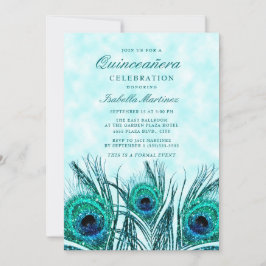 Glittery Teal Blue Peacock Feathers Quinceañera Inbjudningar