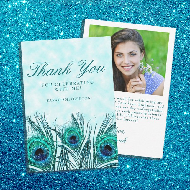 Glittery Teal Blue Peacock Feathers Sweet 16 Photo Tack Kort (Teal and blue glitter peacock feathers Sweet 16 Thank You photo card. )