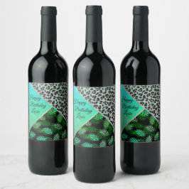 Glittery Teal Tropical Leopard Birthday Vinflaska Etikett