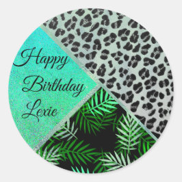 Glittery Teal Tropical Leopard Skriv ut Birthda Runt Klistermärke