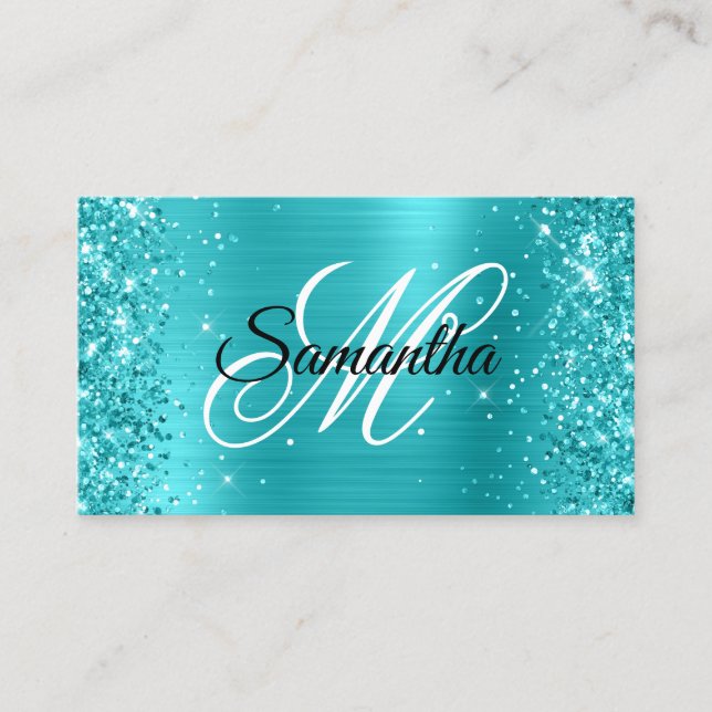 Glittery Turcos Blue Foil Finare Monogram Visitkort (Framsida)