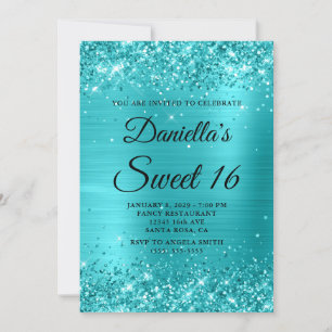 Glittery Turcos Blue Foil Sweet 16 Inbjudningar