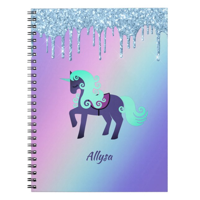 Glittery Unicorn med Rainbow Pastel Background Anteckningsbok (Framsidan)
