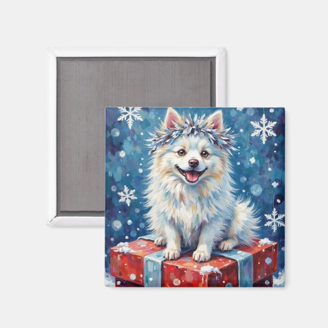 Glittrande amerikansk eskimo hund festlig presentk magnet (Front/Back)