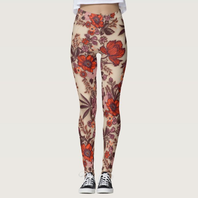 Glittrande apelsinblommig broderimönster på Crea Leggings (Framsida)