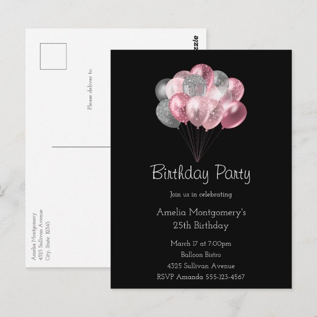 Glittrande ballongbukett rosa och silver födelseda vykort (Fram/baksida)