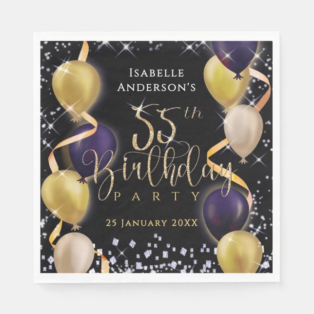 Glittrande ballonger 55-årsdag svart pappersservett (Framsidan)