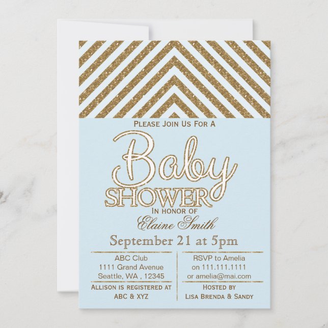 Glittrande blå och guld baby shower inbjudan (Framsida)
