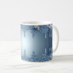 Glittrande blå snöflinga ram med istappar kaffemugg