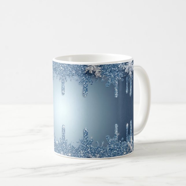 Glittrande blå snöflinga ram med istappar kaffemugg (Framsida höger)