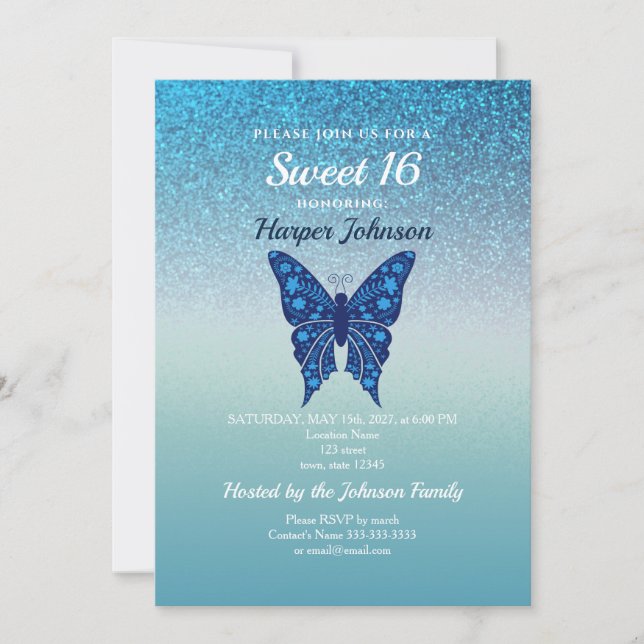 Glittrande blå Sweet 16 födelsedagsinbjudan Inbjudningar (Framsida)