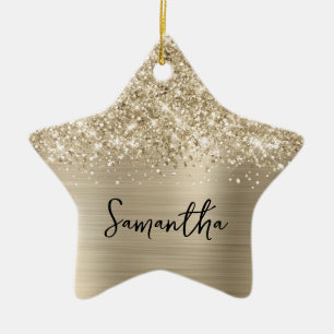 Glittrande blekgul glamour stjärna namn julgransprydnad keramik