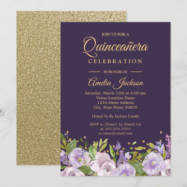 Glittrande Blommig Guld Lila Quinceanera Inbjudningar (Fram/baksida)