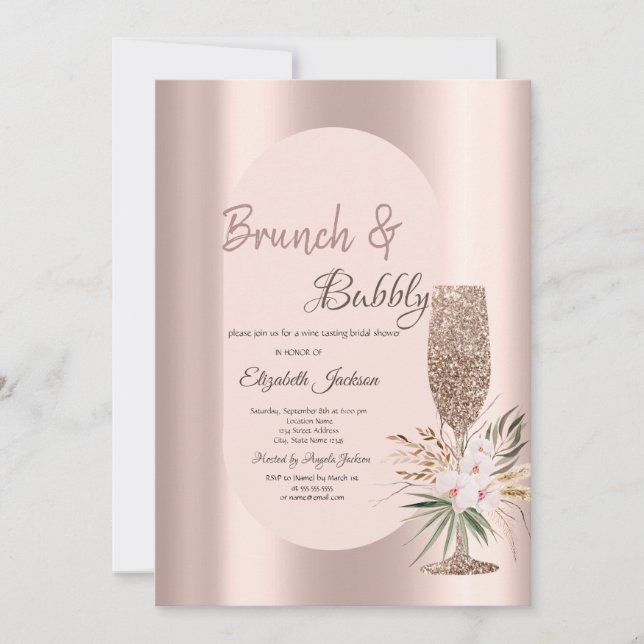 Glittrande Champagneglas Blommor Roséguld Inbjudningar (Framsida)