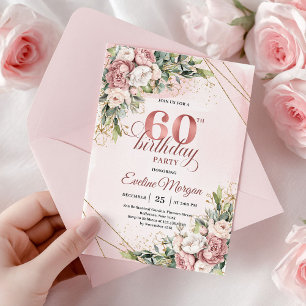 Glittrande dammig rosa blomsterrödinguld 60-årsfir inbjudningar