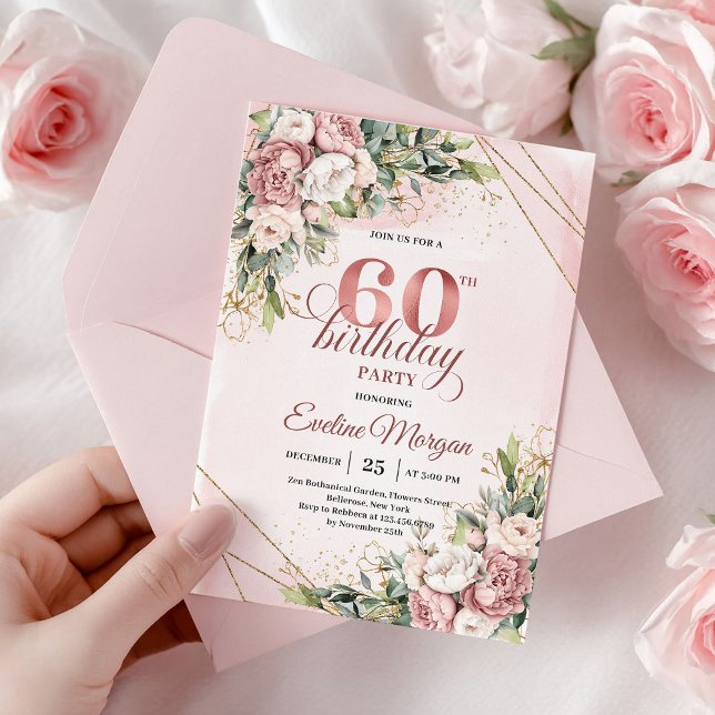 Glittrande dammig rosa blomsterrödinguld 60-årsfir inbjudningar (Shimmering Dusty Pink Floral Rose Gold 60th Birthday)