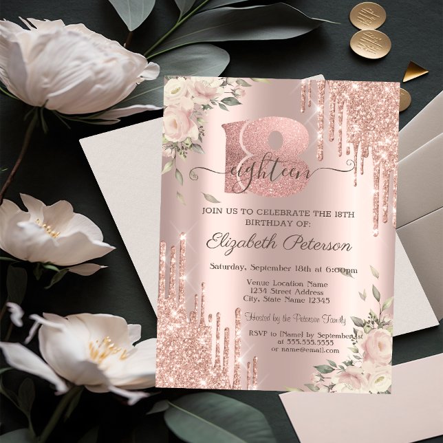Glittrande droppar, blommor roséguld 18-årsdag inbjudningar (Skapare uppladdad)