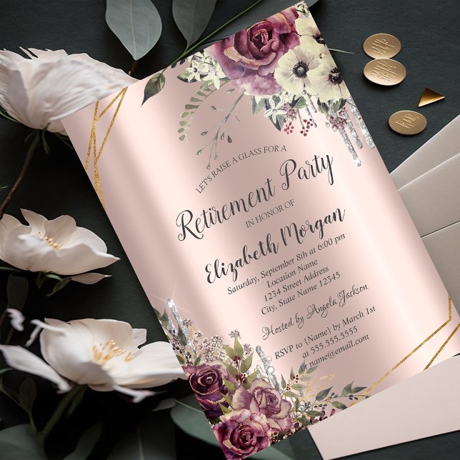 Glittrande droppar, blommor, Roséguld pensionering Inbjudningar (Skapare uppladdad)