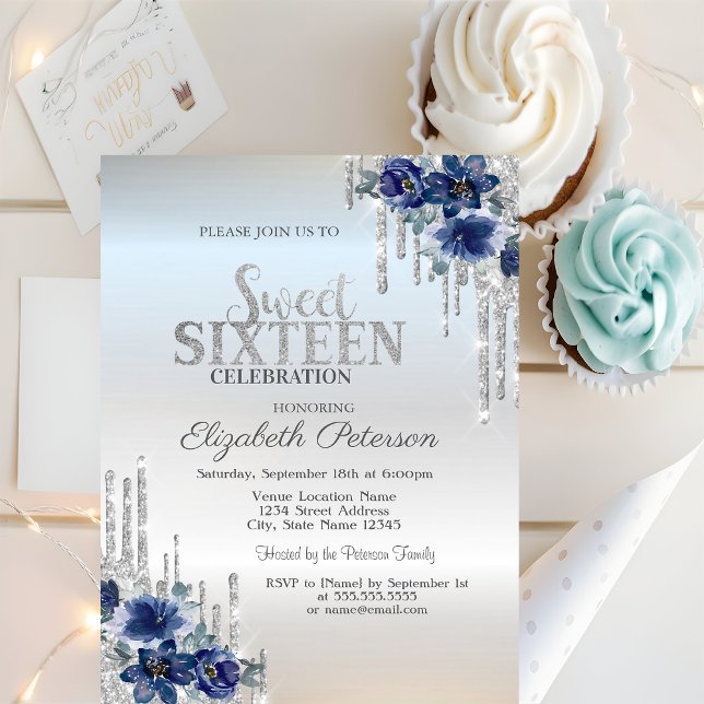 Glittrande droppar Silverblå blommor Sweet 16 Inbjudningar (Skapare uppladdad)