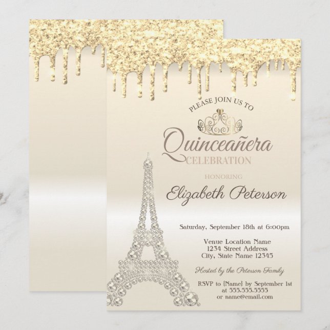 Glittrande Eiffeltorn, Droppande Guld Quinceañera Inbjudningar (Fram/baksida)