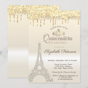 Glittrande Eiffeltorn, Droppande Guld Quinceañera Inbjudningar