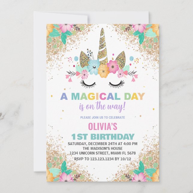 Glittrande enhörning födelsedagsinbjudningar inbjudningar (Framsida)