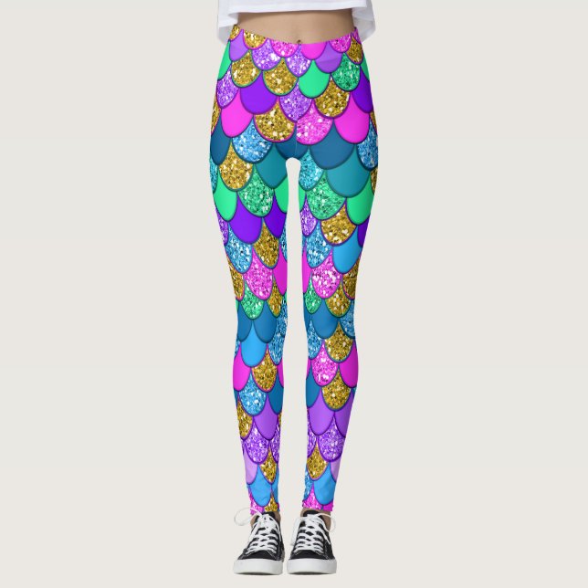 Glittrande Färgglada Flerfärgade Sirenskvamar Leggings (Framsida)
