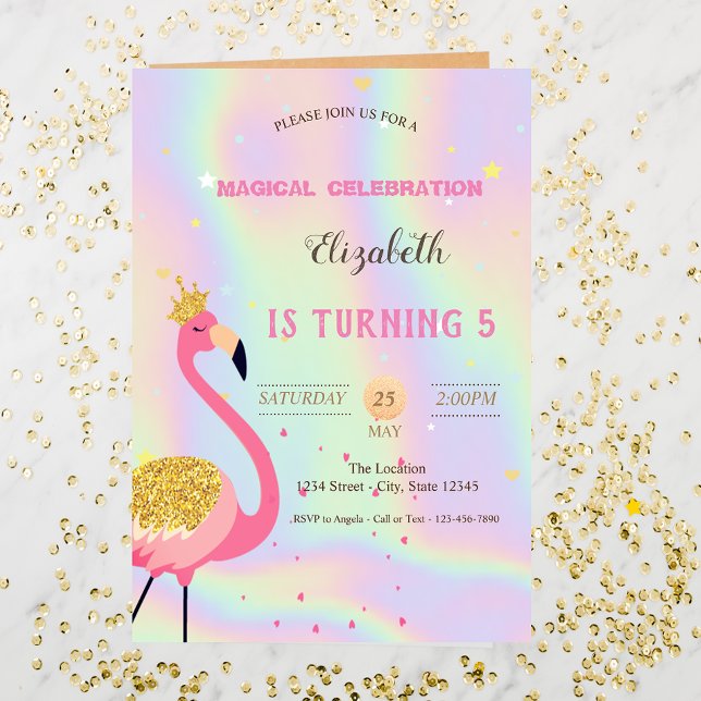Glittrande Flamingo, Holografisk Födelsedag Inbjudningar (Skapare uppladdad)