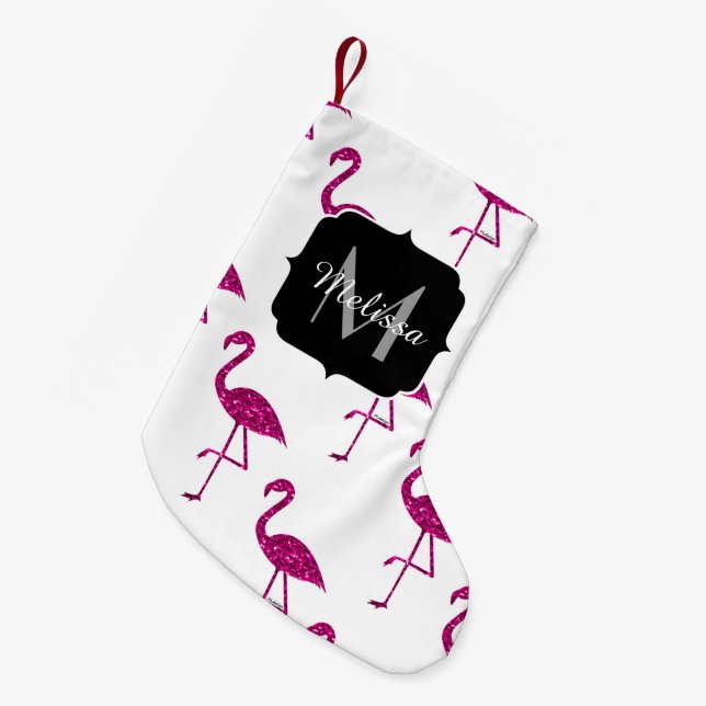 Glittrande flamingo Rosa glitter gnistrar Monogram Liten Julstrumpa (Framsidan (Hängande))