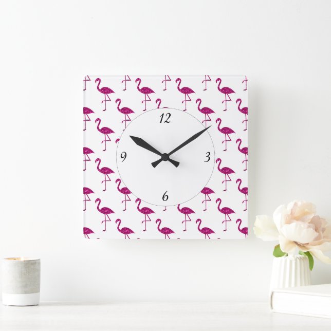 Glittrande flamingo Rosa glitter gnistrar mönster Fyrkantig Klocka (Hem)