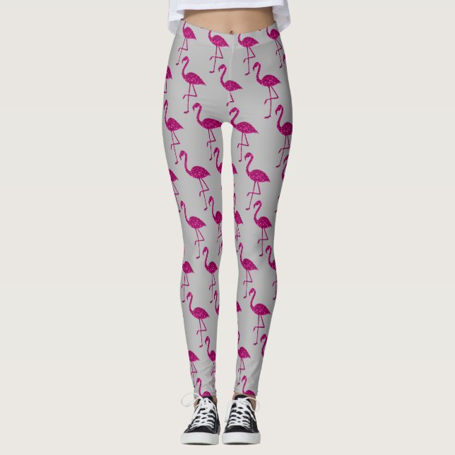 Glittrande flamingo Rosa glittermönster grått Leggings (Framsida)