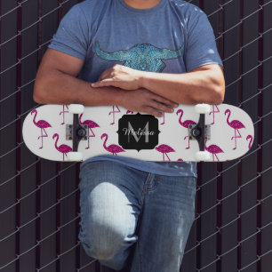 Glittrande flamingo Rosa glittermönster Monogram Skateboard Bräda 20 Cm