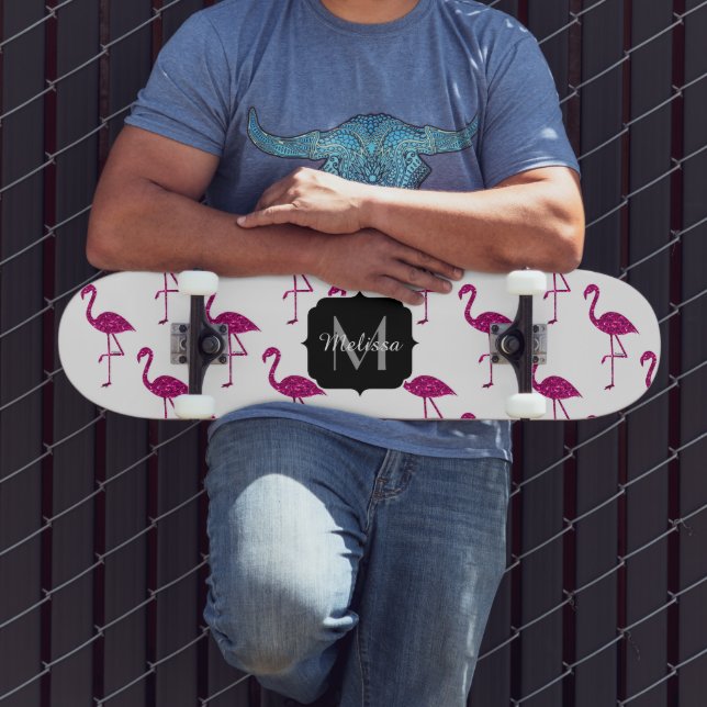 Glittrande flamingo Rosa glittermönster Monogram Skateboard Bräda 20 Cm (Utomhus 3)