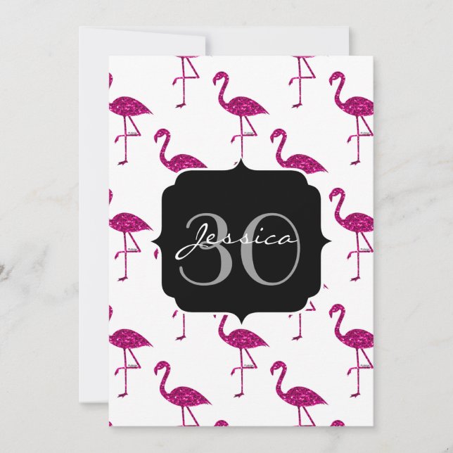 Glittrande flamingo Rosa mönster Monogram inbjudan (Framsida)