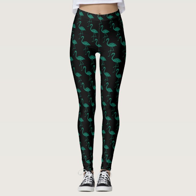 Glittrande flamingo Smaragd glittermönster svart Leggings (Framsida)
