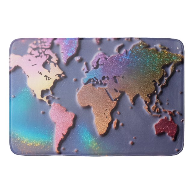 Glittrande glitter 3D färgglad världskarta  Badrumsmatta (Framsidan)