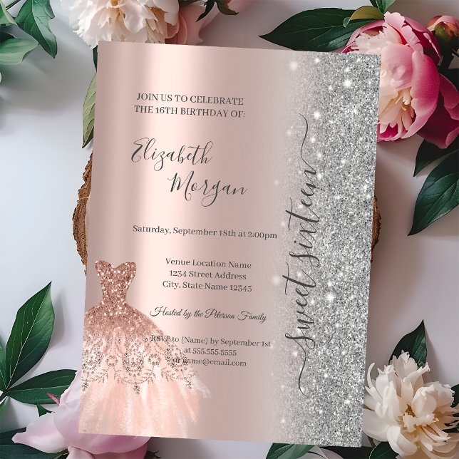 Glittrande Glitter Klänning Rose Guld Sweet 16 Inbjudningar (Skapare uppladdad)
