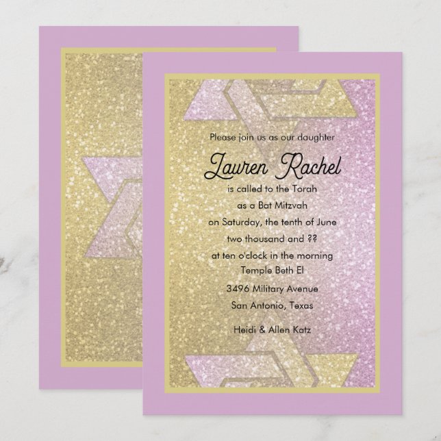 Glittrande Gradient Bat Mitzvah Rosa Guld Inbjudningar (Fram/baksida)