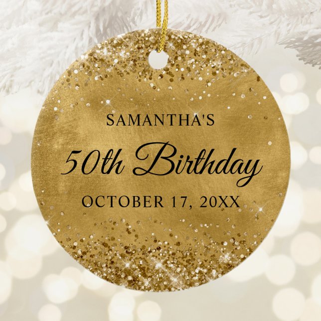 Glittrande Guld 50-årsfirande Julgransprydnad Keramik (Glittery Gold Foil Birthday Photo Ceramic Ornament)