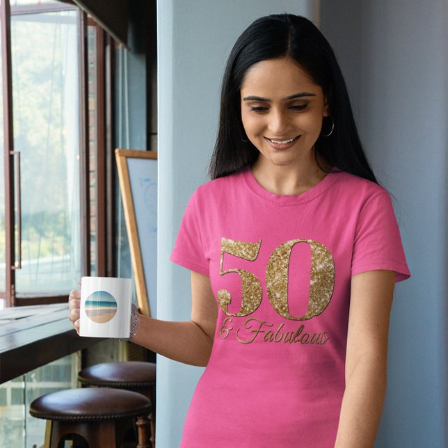 Glittrande guld 50 & fantastisk rosa t shirt (50 & Fabulous Birthday Tee)