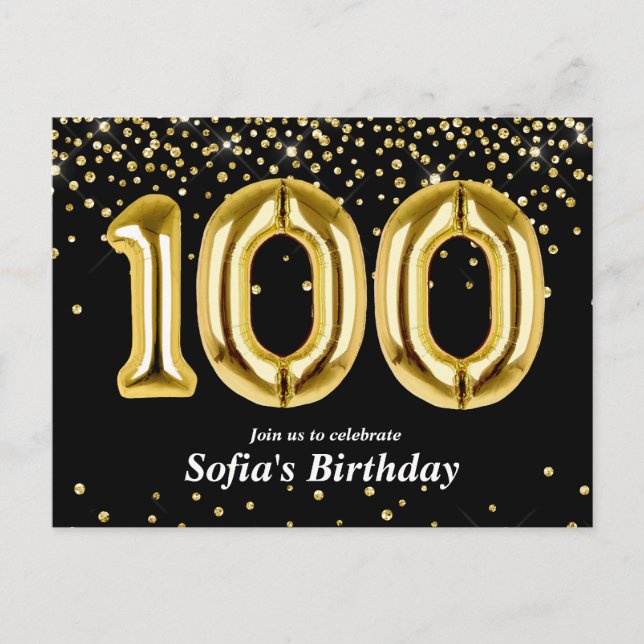 glittrande guld ballong för 100-årsfest vykort (Framsida)