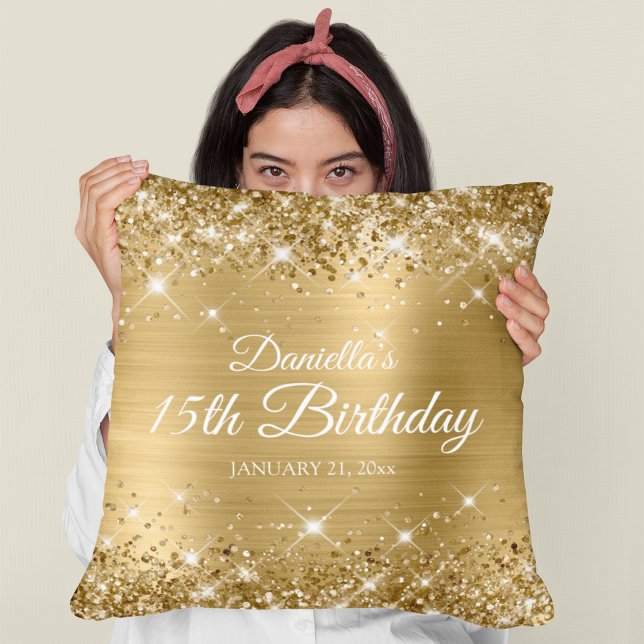 Glittrande guld folie 15-årsdag kudde (Glittery Gold Foil 15th Birthday Throw Pillow)
