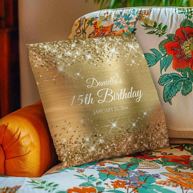 Glittrande guld folie 15-årsdag kudde (Glittery Gold Foil 15th Birthday Throw Pillow)