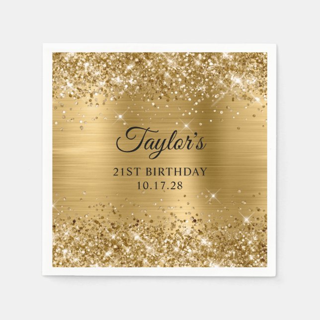 Glittrande guld folie 21-årsdag pappersservett (Framsidan)